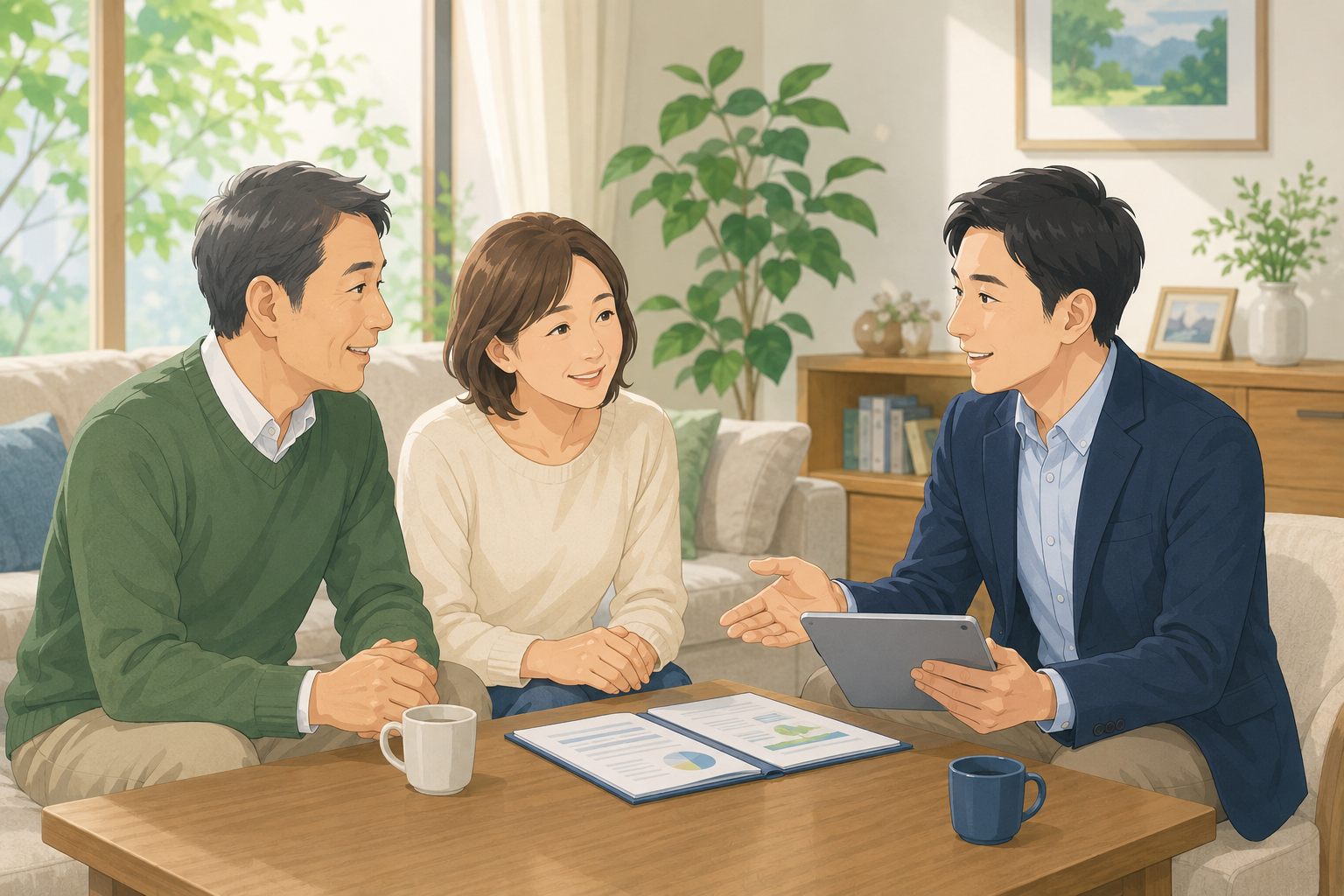 外回り営業スタッフがお客様宅を訪問して保障内容を確認する業務風景のイラスト