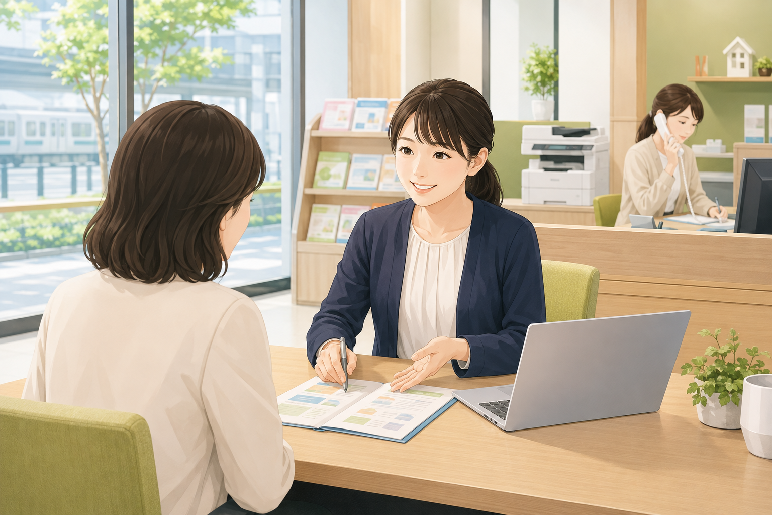 志木駅前店でスタッフがお客様の相談を伺う業務風景のイラスト